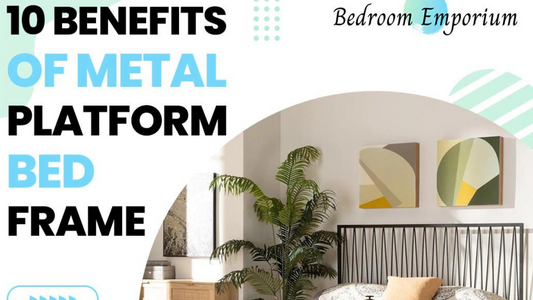 10 Benefits of metal platform bed frames written on a photo of a bedroom with a metal bed frame with horizontal slats in the headboard