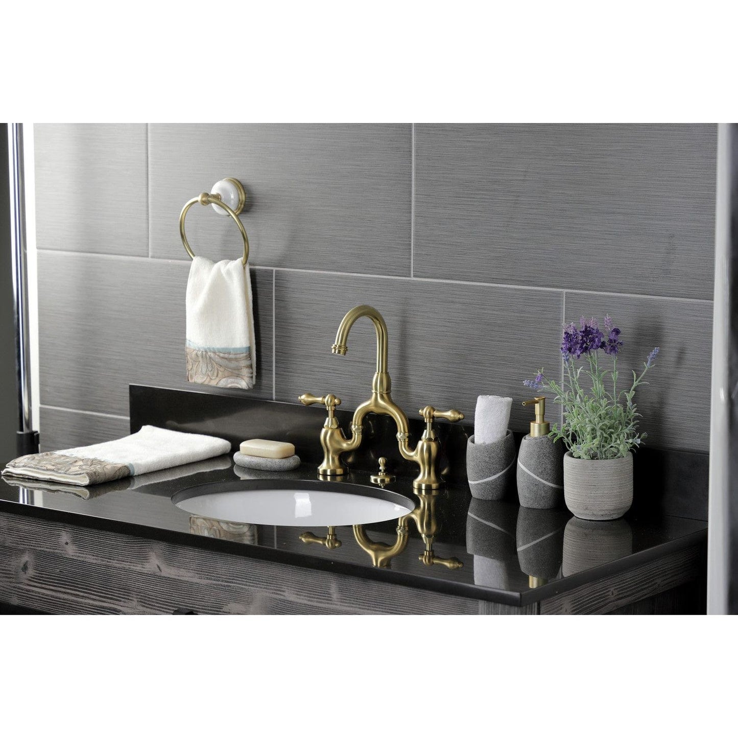 Kingston Brass Kingston Brass English Country Bridge Bathroom Faucet with Brass Pop-Up, Brushed Brass KS7997AL