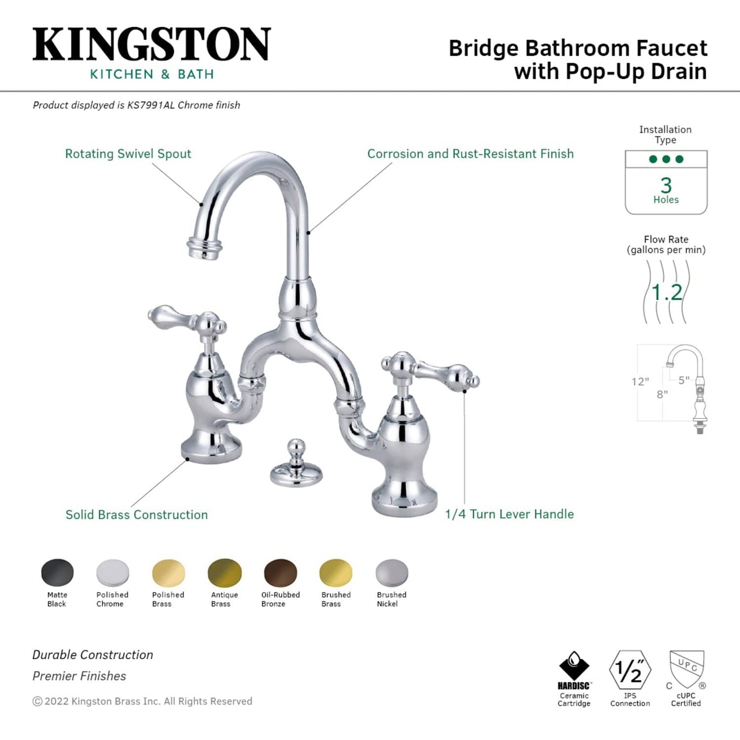 Kingston Brass Kingston Brass English Country Bridge Bathroom Faucet with Brass Pop-Up, Brushed Brass KS7997AL