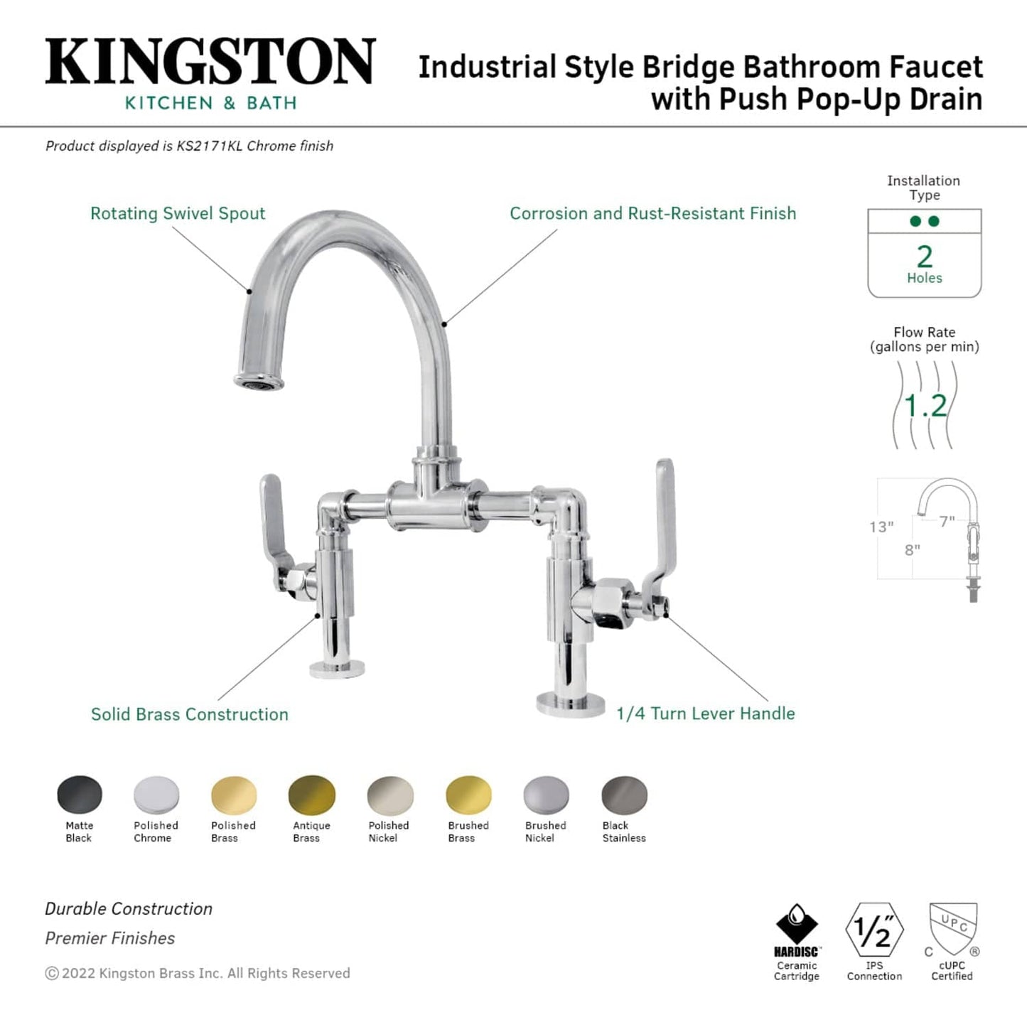 Kingston Brass Kingston Brass Whitaker Industrial Style Bridge Bathroom Faucet with Pop-Up Drain, Matte Black KS2170KL