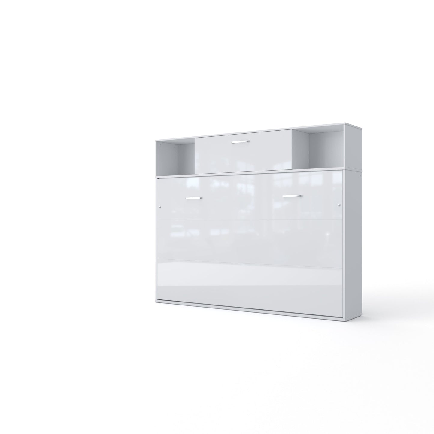 Maxima House Invento Horizontal Wall Bed, European Twin Size with a cabinet on top White/White; IN90H-13W