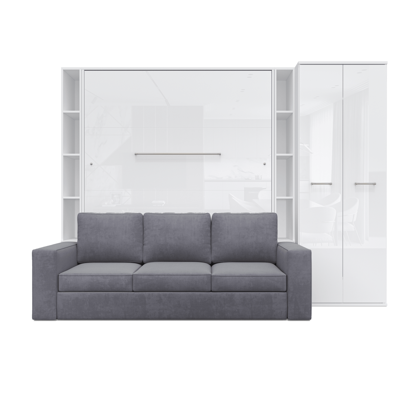 Maxima House Maxima House Vertical Queen size Murphy Bed Invento with a Sofa, two Cabinets and Wardrobe White/White + Grey IN014/23/24W-G