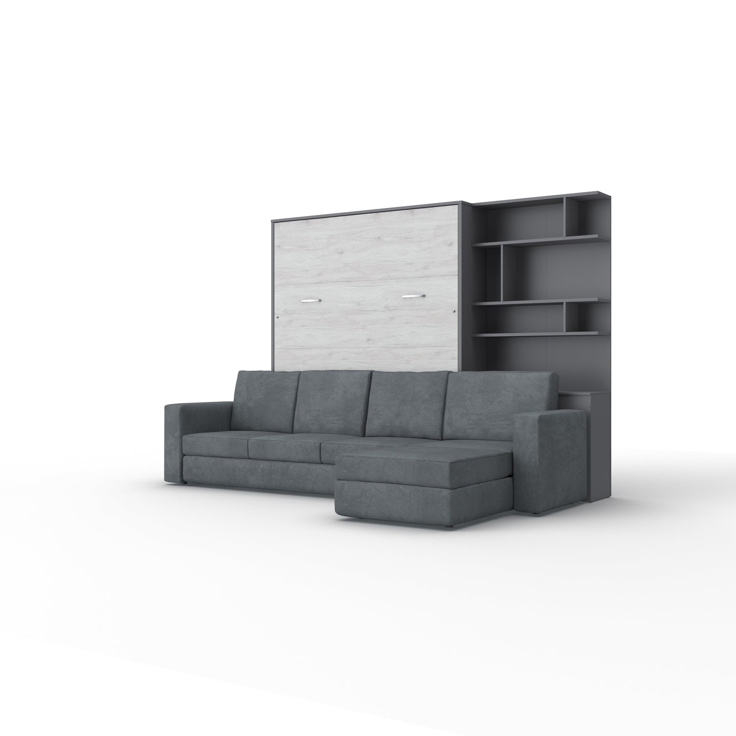 Maxima House Murphy Bed INVENTO European Queen size with a Sectional Sofa and a Bookcase IN014/17GW-LG
