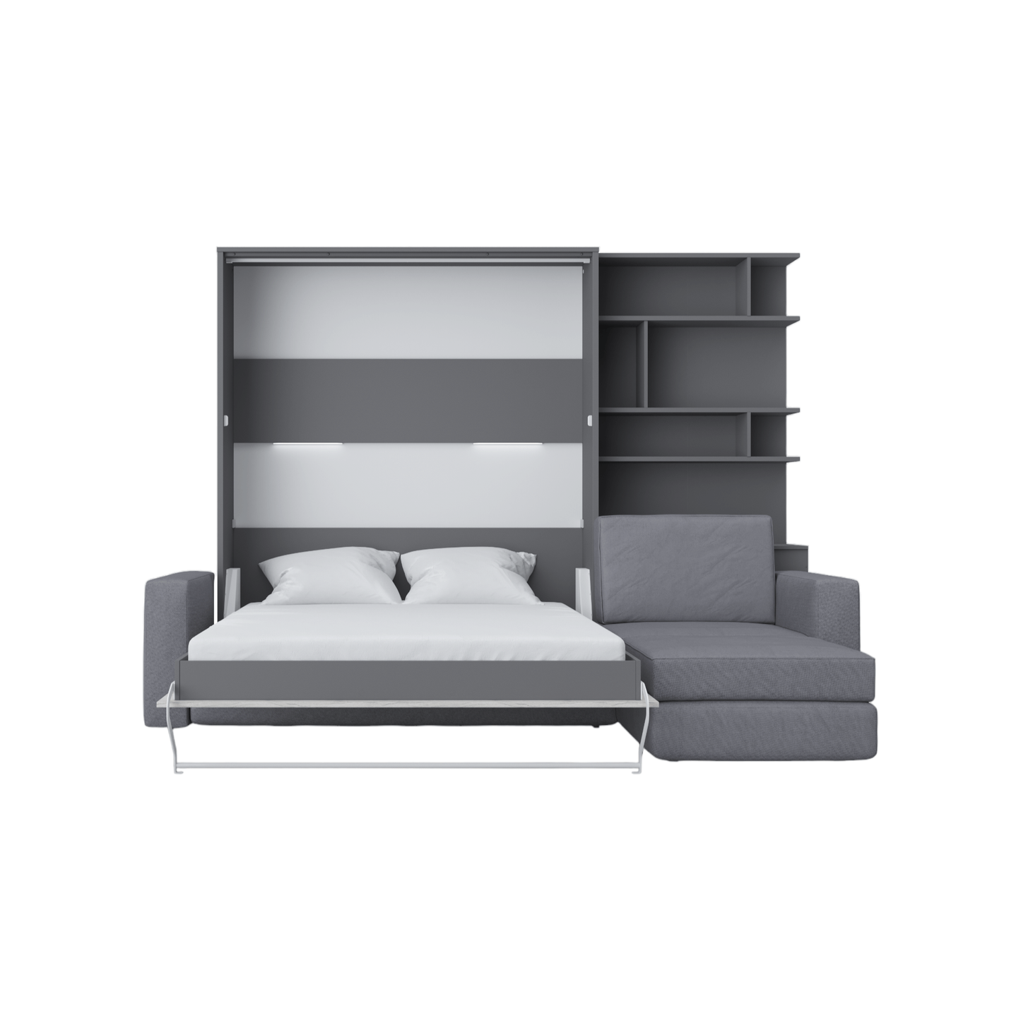 Maxima House Murphy Bed INVENTO European Queen size with a Sectional Sofa and a Bookcase IN014/17GW-LG