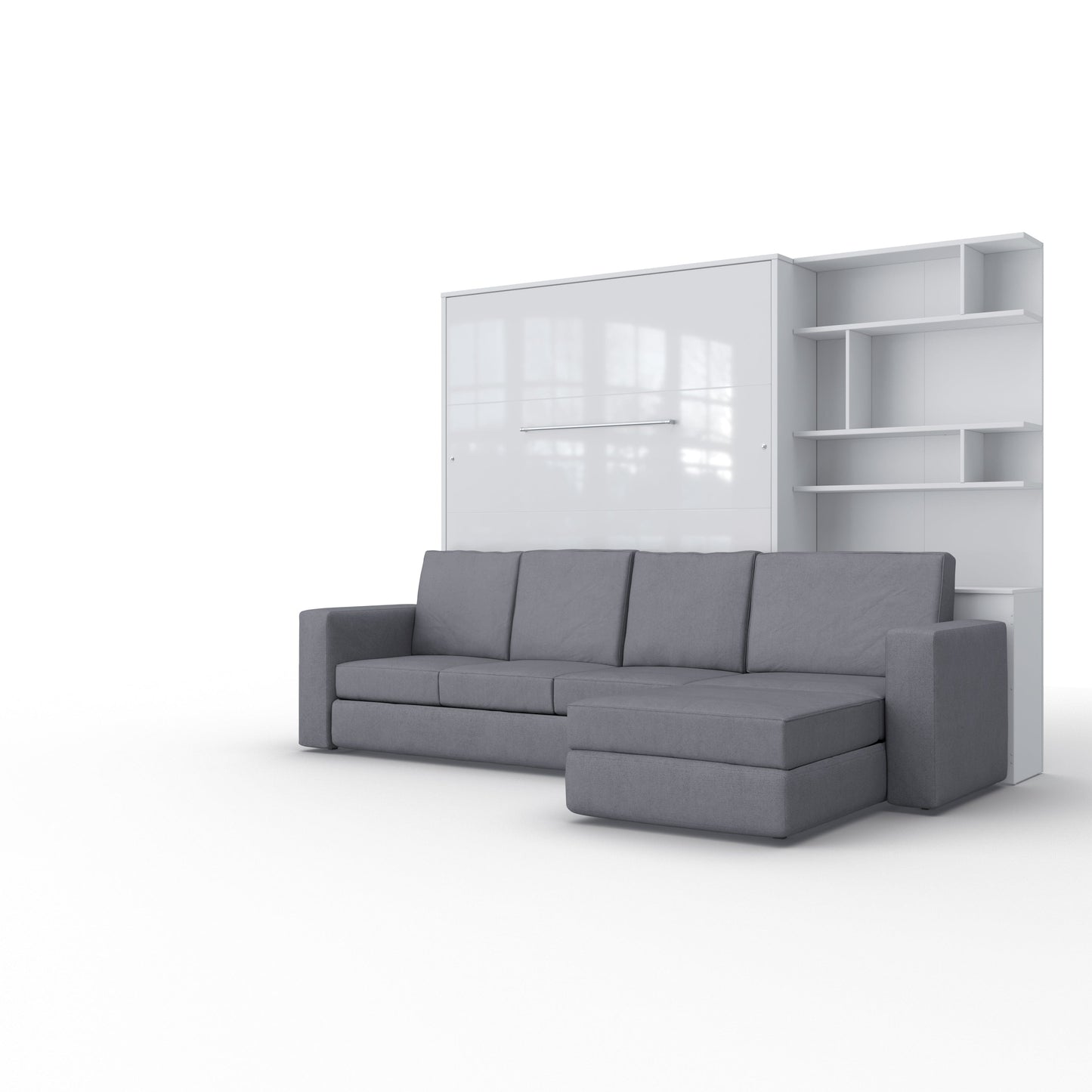 Maxima House Murphy Bed INVENTO European Queen size with a Sectional Sofa and a Bookcase IN014/17W-LG