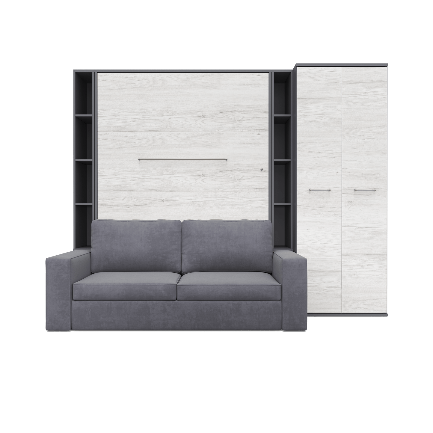 Maxima House Vertical FULL size Murphy Bed Invento with a Sofa, two Cabinets and Wardrobe Slate Grey/White Monaco + Grey IN001/23/24GW-G