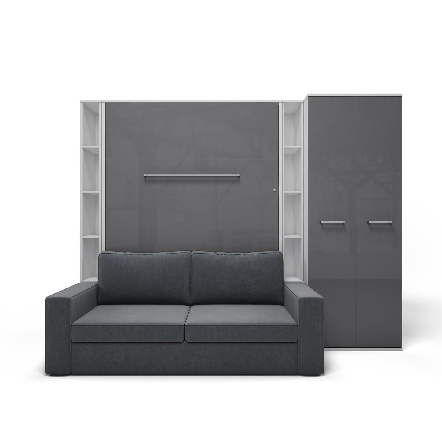 Maxima House Vertical FULL size Murphy Bed Invento with a Sofa, two Cabinets and Wardrobe White/Grey + Grey IN001/23/24WG-G