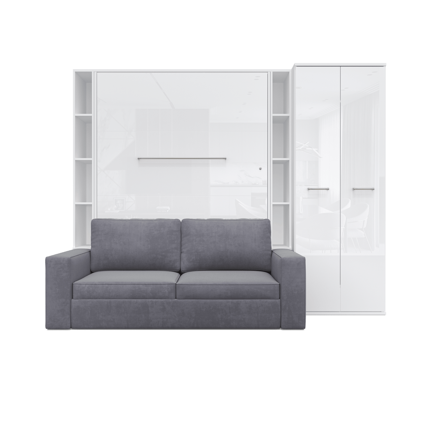 Maxima House Vertical FULL size Murphy Bed Invento with a Sofa, two Cabinets and Wardrobe White/White + Grey IN001/23/24W-G