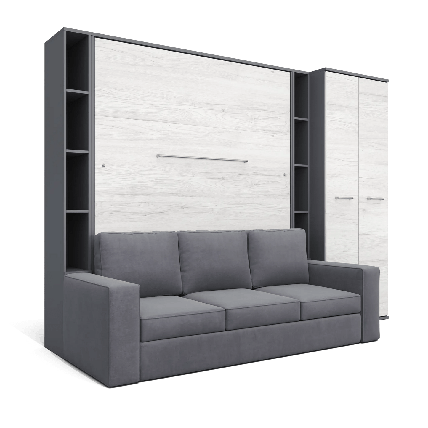 Maxima House Vertical Queen size Murphy Bed Invento with a Sofa, two Cabinets and Wardrobe Grey/White Monaco + Grey IN014/23/24GW-G