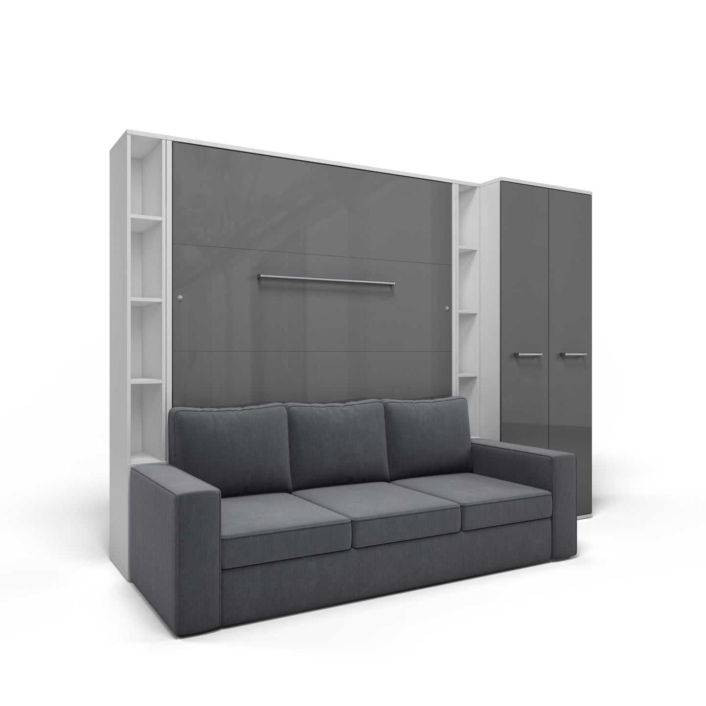 Maxima House Vertical Queen size Murphy Bed Invento with a Sofa, two Cabinets and Wardrobe White/Grey + Grey IN014/23/24WG-G