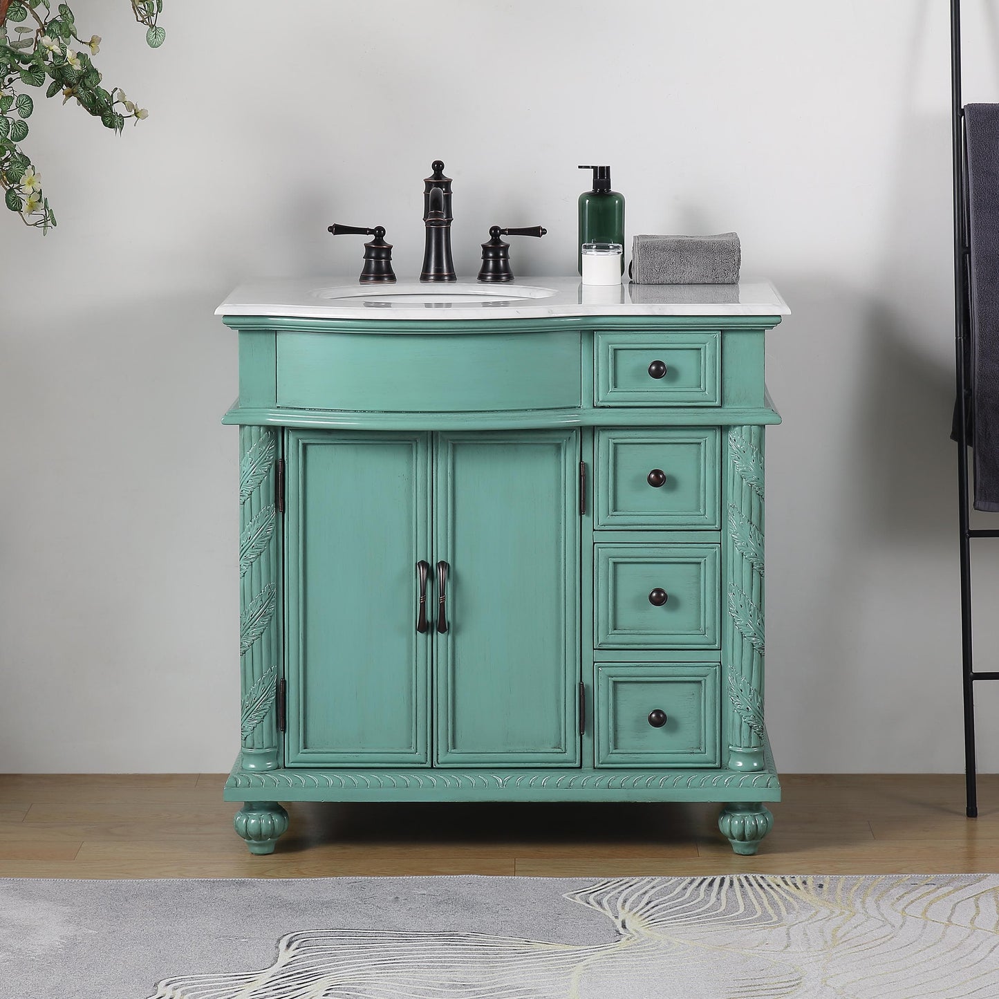 Silkroad Exclusive Silkroad Exclusive 36” Left Single Sink Green Bathroom Vanity with White Marble Top V0213NW36L