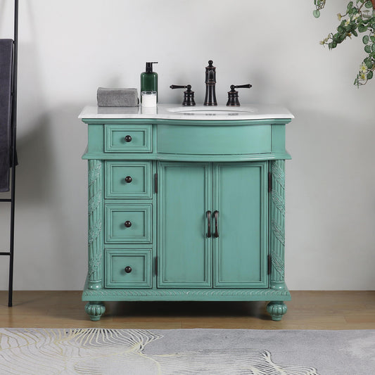 Silkroad Exclusive Silkroad Exclusive 36” Right Single Sink Green Bathroom Vanity with White Marble Top V0213NW36R