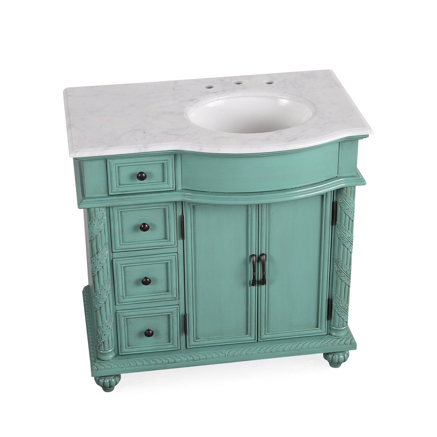 Silkroad Exclusive Silkroad Exclusive 36” Right Single Sink Green Bathroom Vanity with White Marble Top V0213NW36R