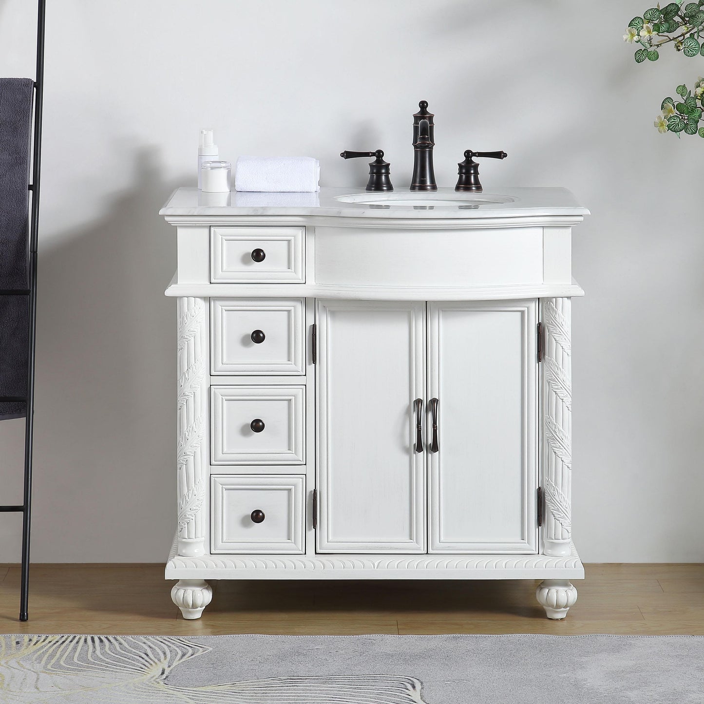 Silkroad Exclusive Silkroad Exclusive 36” Single Right Sink White Bathroom Vanity with White Marble Top V0213WW36R