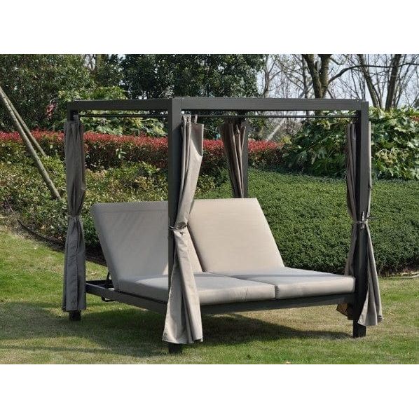 The Bedroom Emporium Homeroots Gray Outdoor Steel Metal Adjustable Day Bed With Canopy And Taupe Cushions