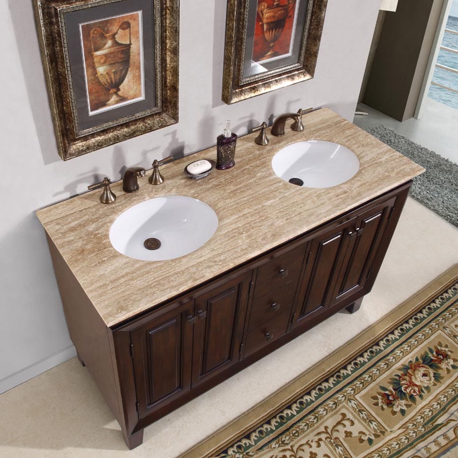 The Bedroom Emporium Silkroad Exclusive 55" Double Sink Cabinet with Travertine Top HYP-0208-T-UWC-55