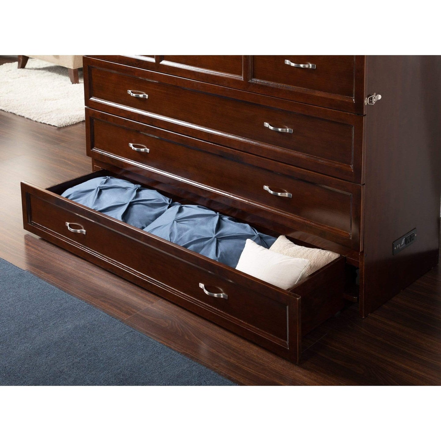 Atlantic Furniture Murphy Bed Chest Deerfield Murphy Bed Chest Queen Antique Walnut with Charging Station