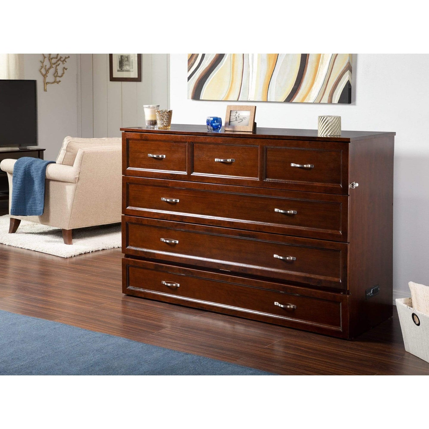 Atlantic Furniture Murphy Bed Chest Deerfield Murphy Bed Chest Queen Antique Walnut with Charging Station
