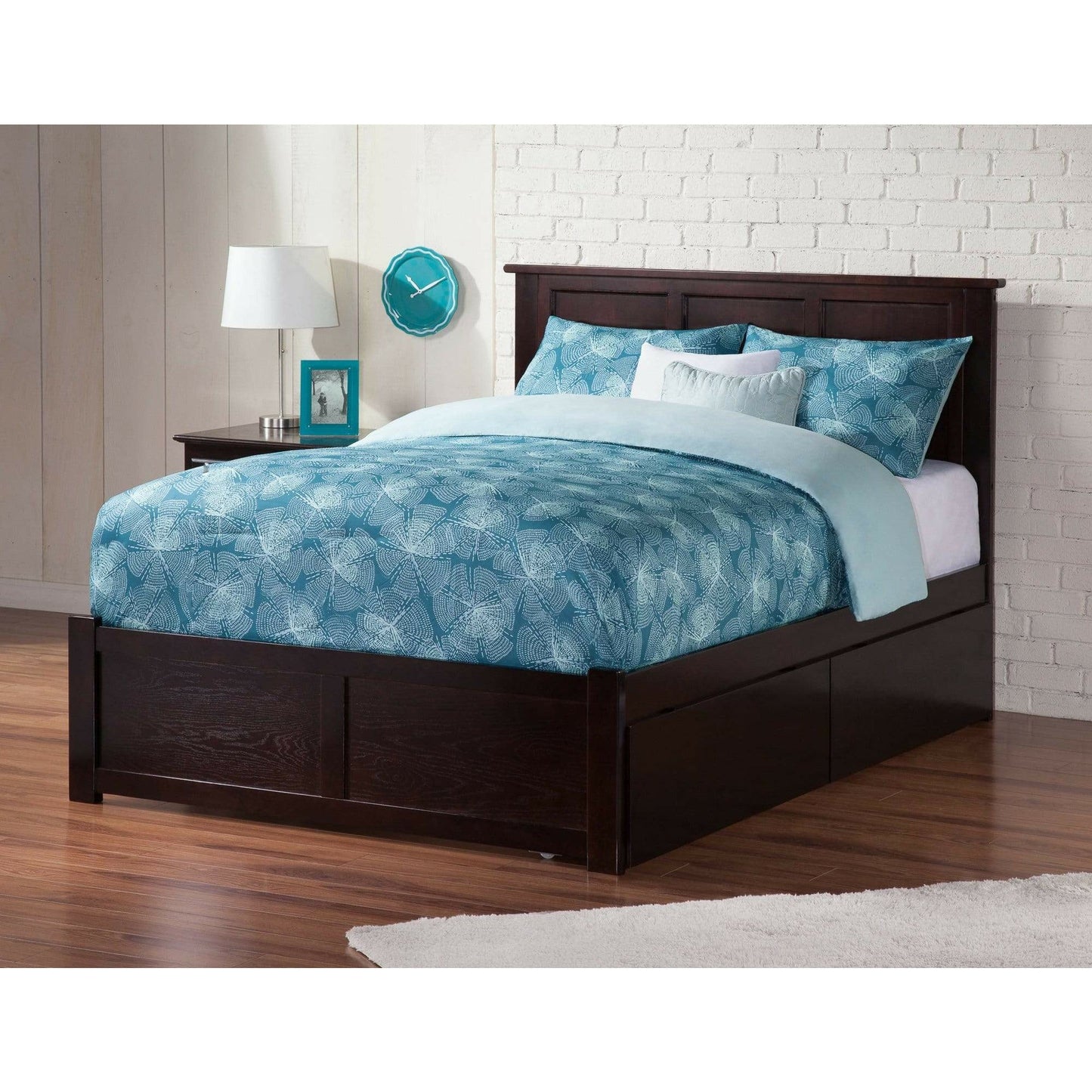 Atlantic Furniture Bed Madison Full Platform Bed with Flat Panel Foot Board and 2 Urban Bed Drawers in Espresso