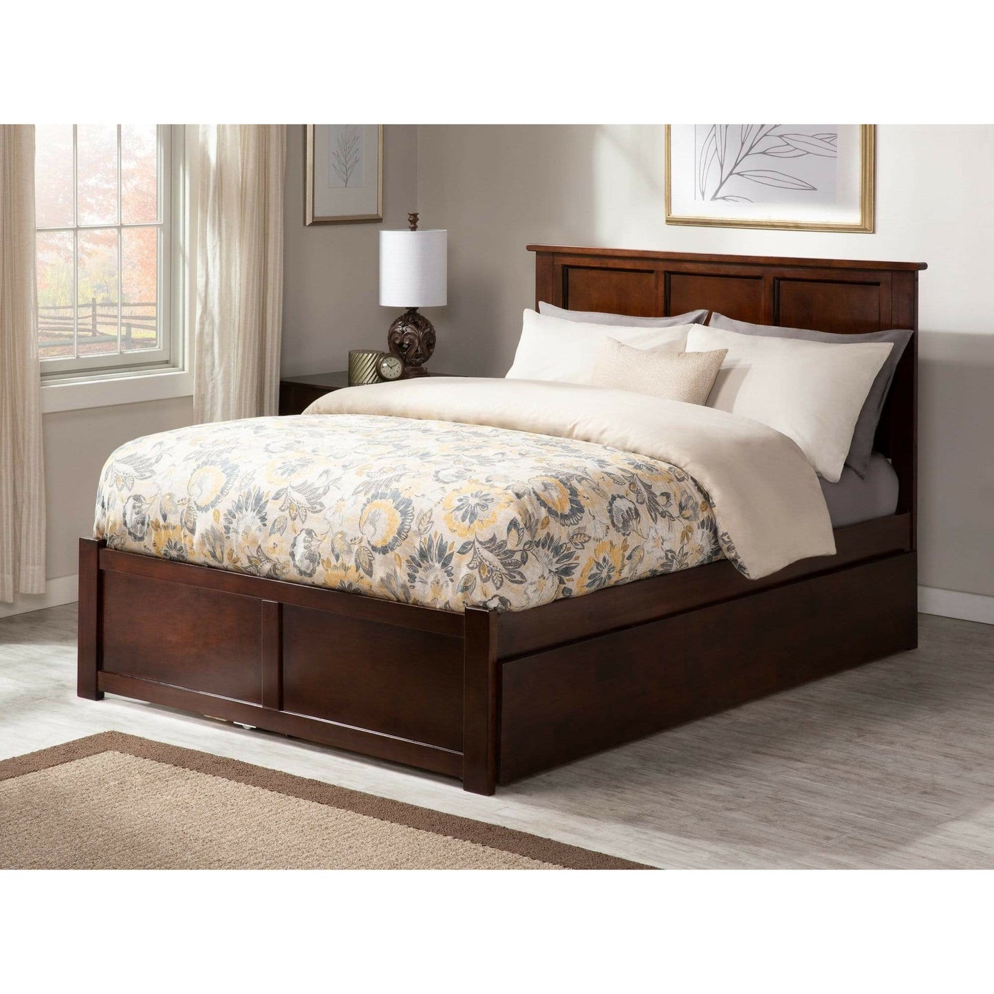 Atlantic Furniture Bed Walnut Madison Full Platform Bed with Flat Panel Foot Board and Twin Size Urban Trundle Bed in Espresso