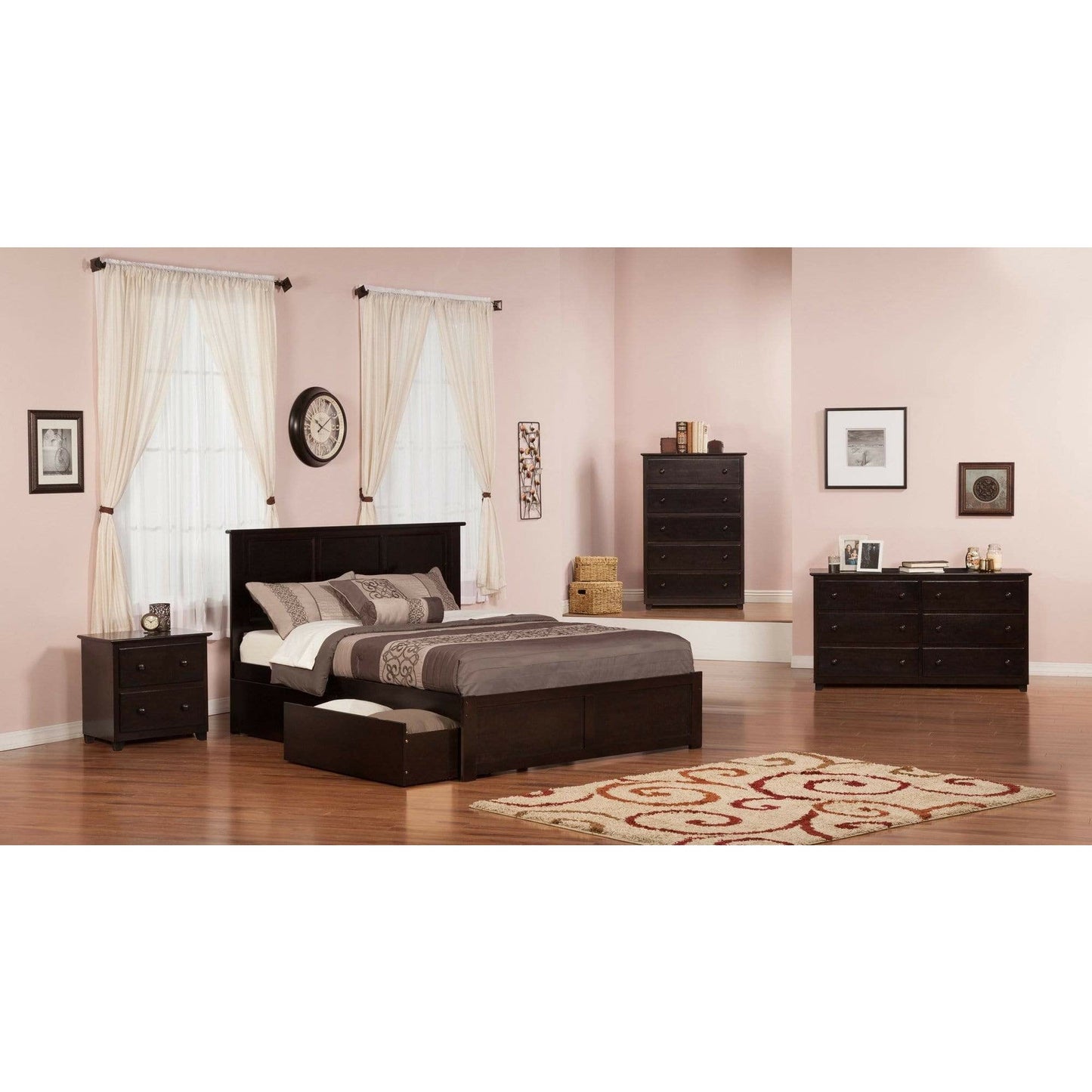 Atlantic Furniture Bed Madison King Platform Bed with Flat Panel Foot Board and 2 Urban Bed Drawers in Espresso