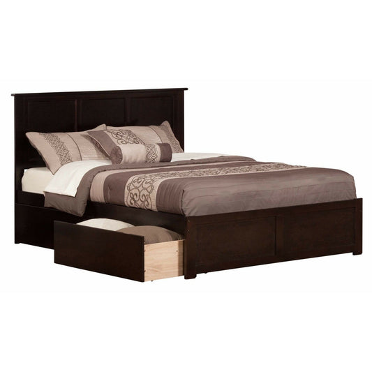 Atlantic Furniture Bed Espresso Madison King Platform Bed with Flat Panel Foot Board and 2 Urban Bed Drawers in Espresso