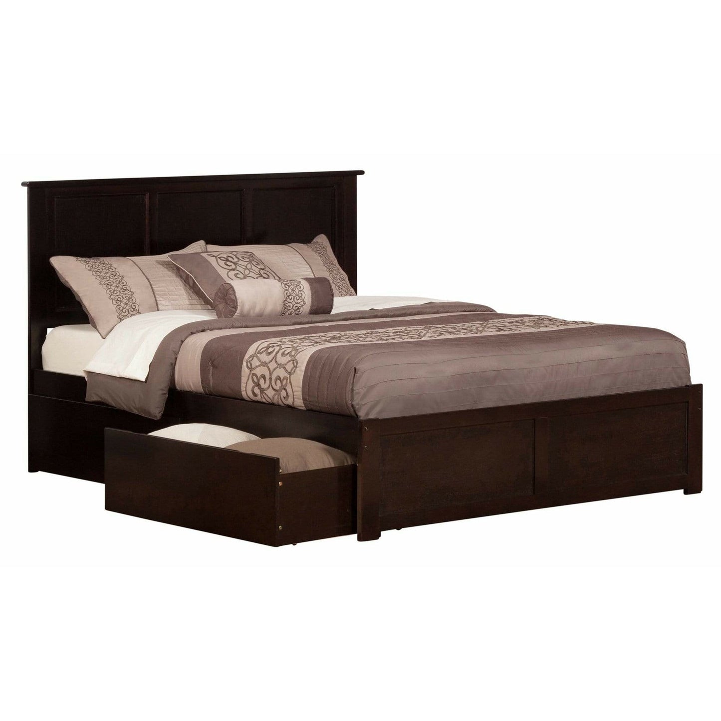 Atlantic Furniture Bed Espresso Madison Queen Platform Bed with Flat Panel Foot Board and 2 Urban Bed Drawers in Espresso