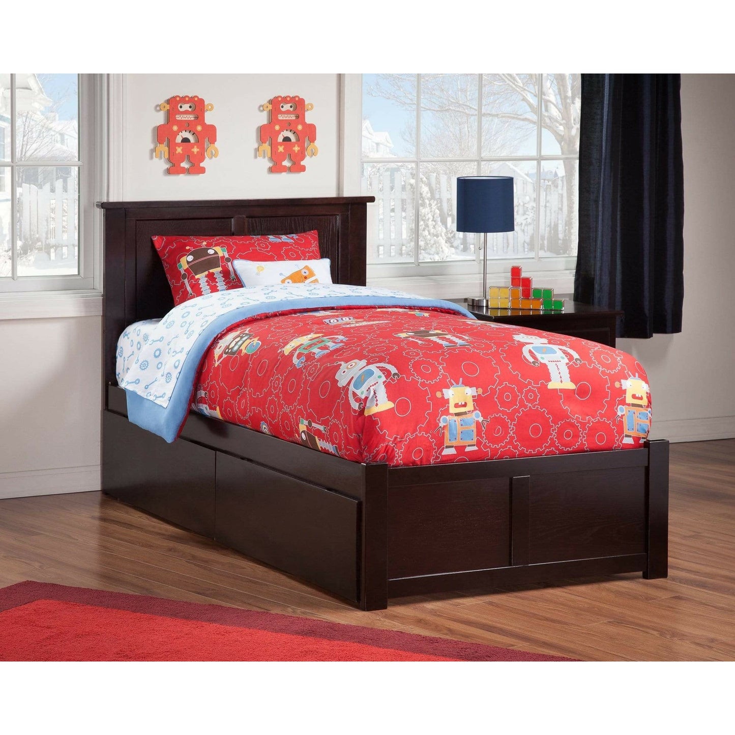 Atlantic Furniture Bed Madison Twin Platform Bed with Flat Panel Foot Board and 2 Urban Bed Drawers in Espresso