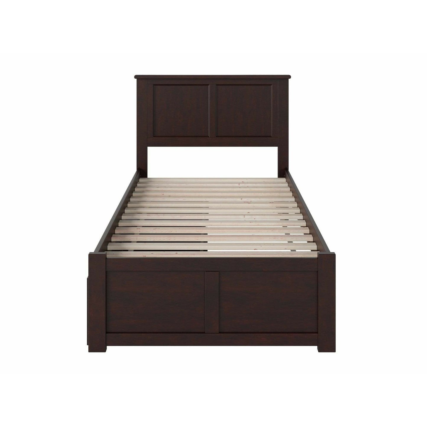 Atlantic Furniture Bed Madison Twin Platform Bed with Flat Panel Foot Board and 2 Urban Bed Drawers in Espresso