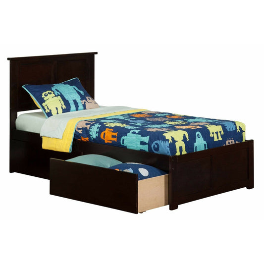 Atlantic Furniture Bed Espresso Madison Twin Platform Bed with Flat Panel Foot Board and 2 Urban Bed Drawers in Espresso