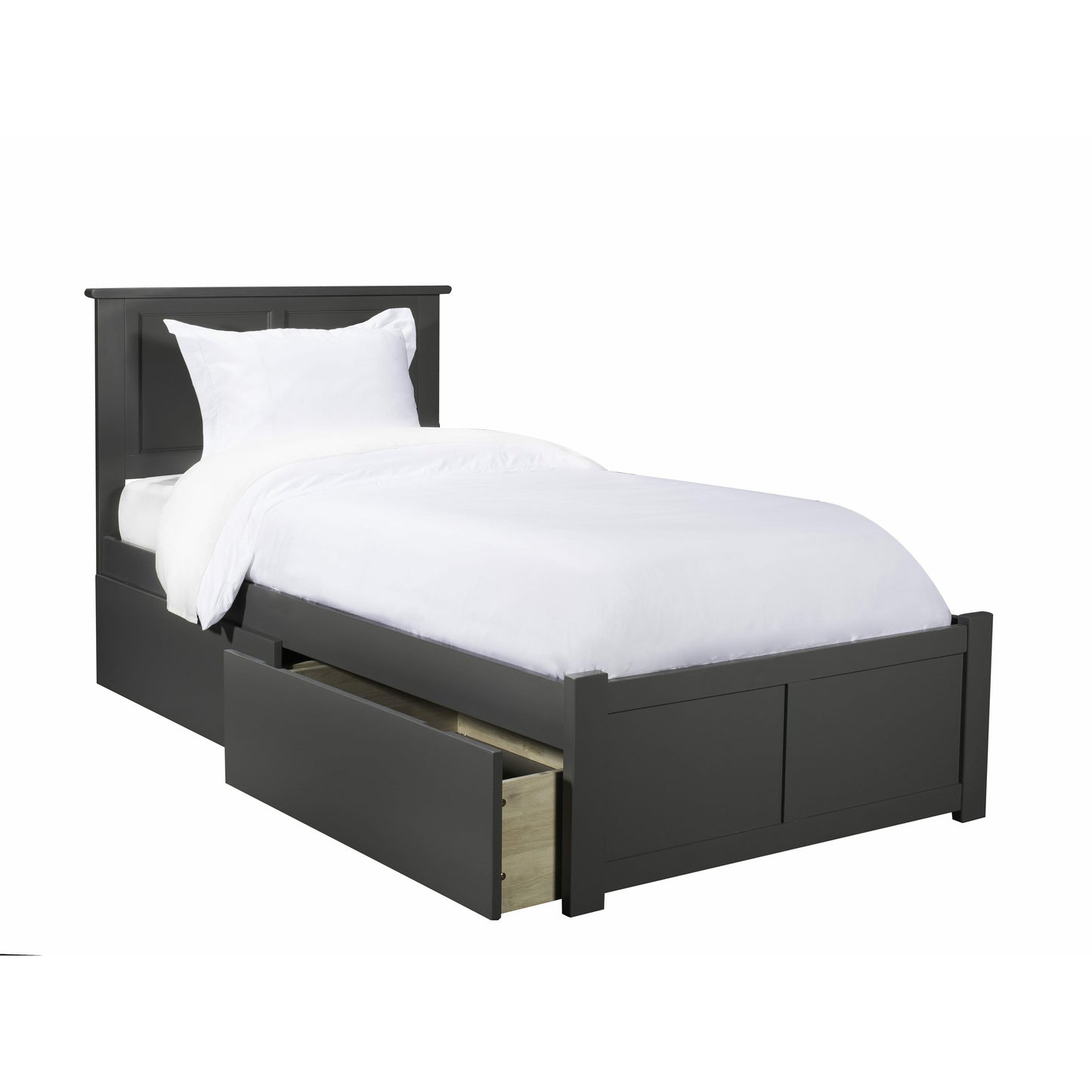 Atlantic Furniture Bed Grey Madison Twin Platform Bed with Flat Panel Foot Board and 2 Urban Bed Drawers in Espresso