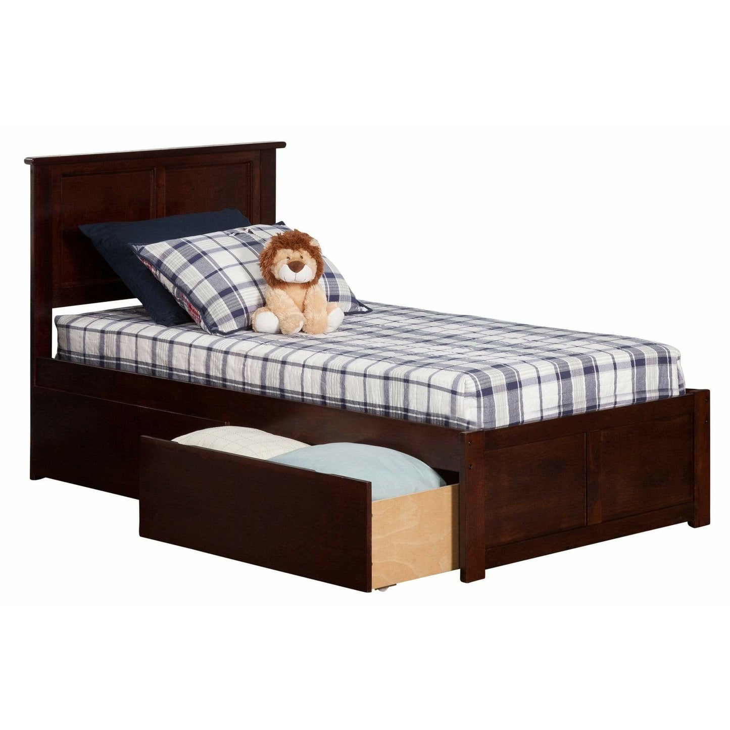Atlantic Furniture Bed Walnut Madison Twin Platform Bed with Flat Panel Foot Board and 2 Urban Bed Drawers in Espresso