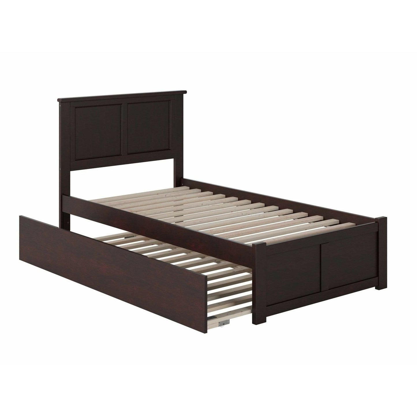 Atlantic Furniture Bed Madison Twin Platform Bed with Flat Panel Foot Board and Twin Size Urban Trundle Bed in Espresso