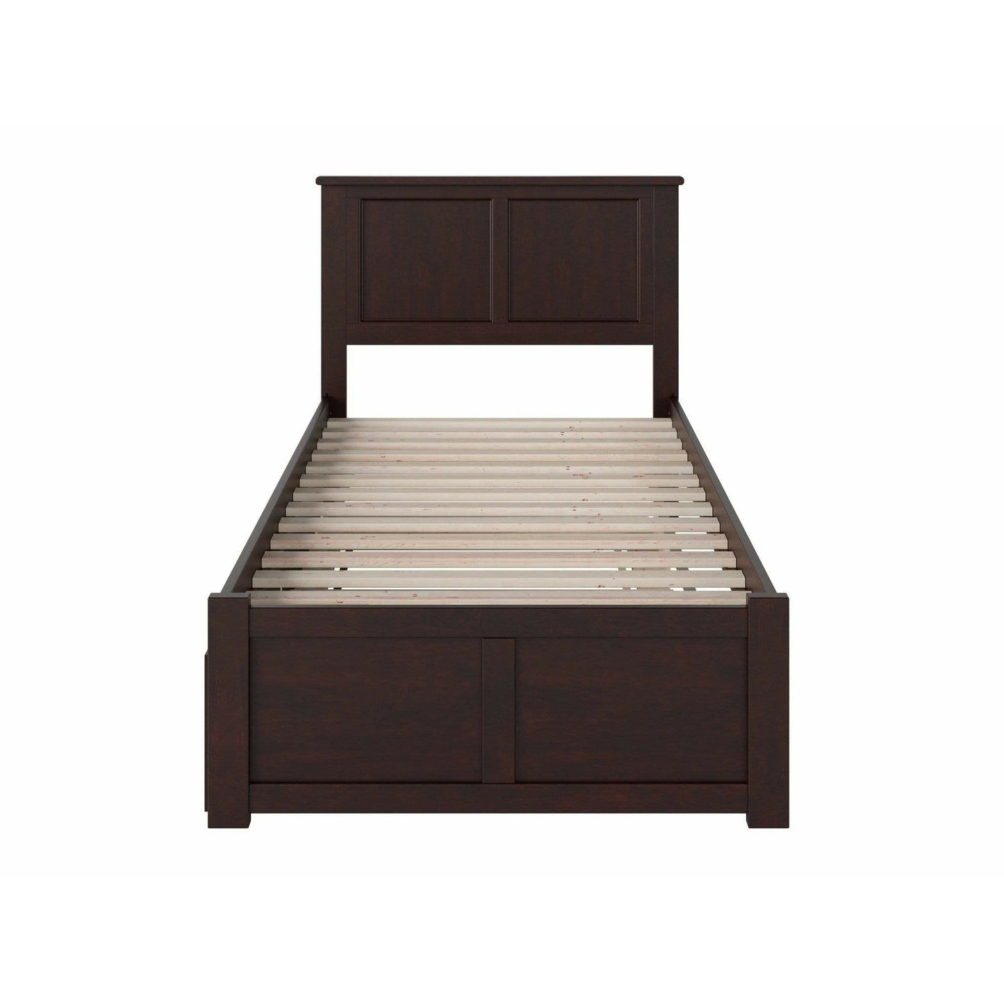 Atlantic Furniture Bed Madison Twin Platform Bed with Flat Panel Foot Board and Twin Size Urban Trundle Bed in Espresso
