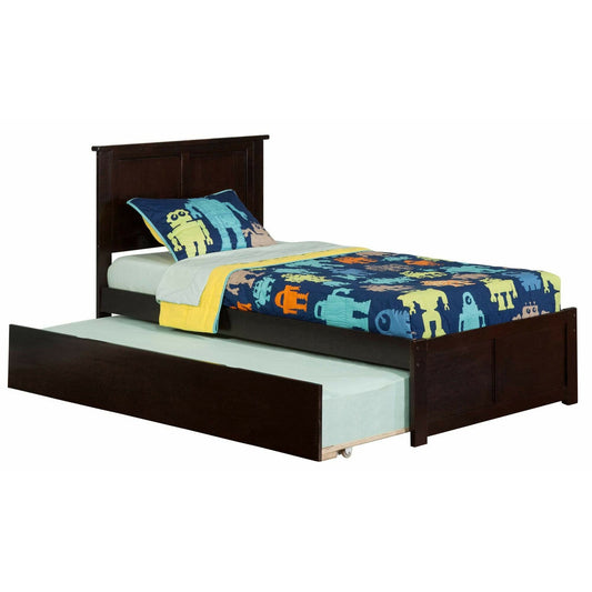Atlantic Furniture Bed Espresso Madison Twin Platform Bed with Flat Panel Foot Board and Twin Size Urban Trundle Bed in Espresso