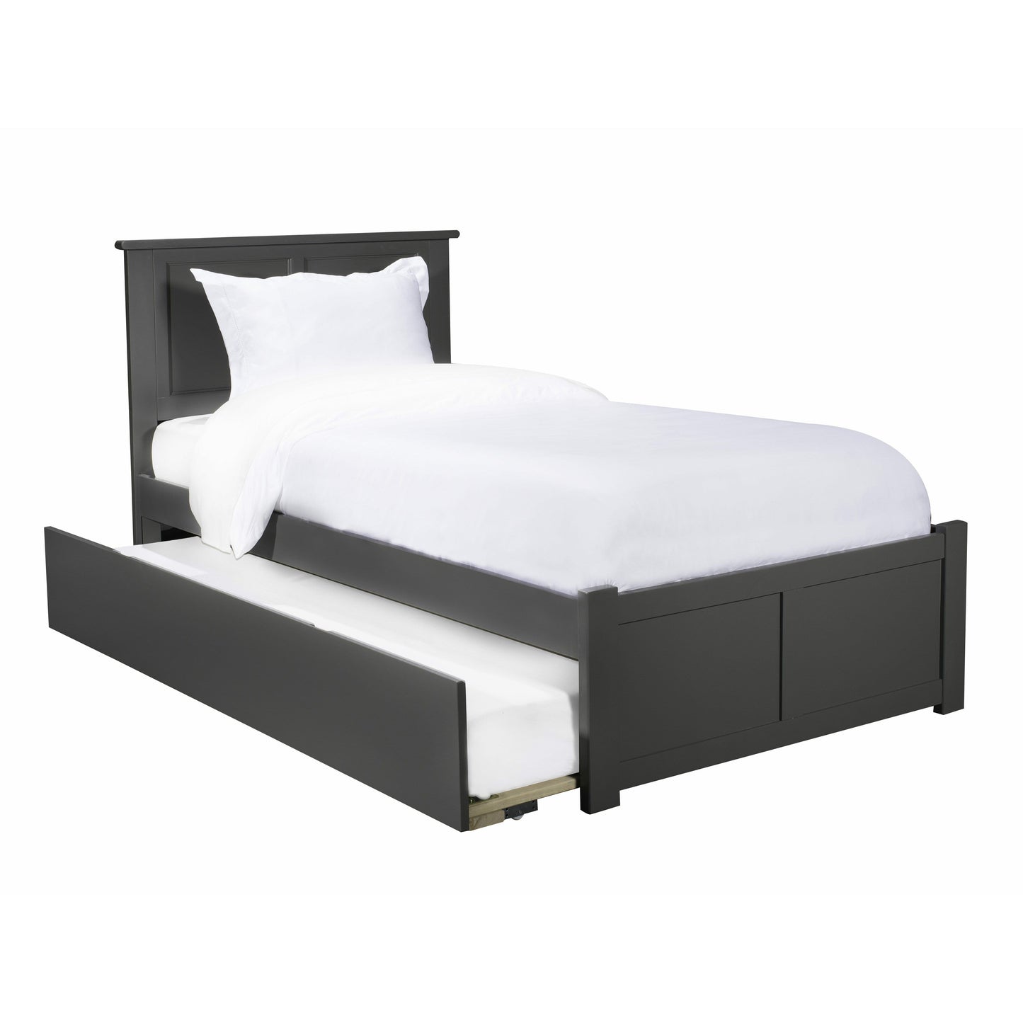 Atlantic Furniture Bed Grey Madison Twin Platform Bed with Flat Panel Foot Board and Twin Size Urban Trundle Bed in Espresso