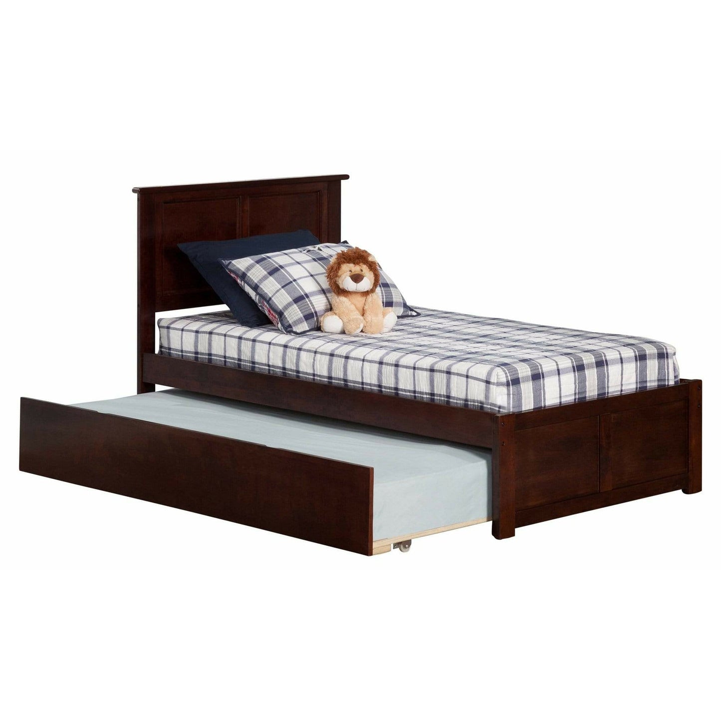 Atlantic Furniture Bed Walnut Madison Twin Platform Bed with Flat Panel Foot Board and Twin Size Urban Trundle Bed in Espresso