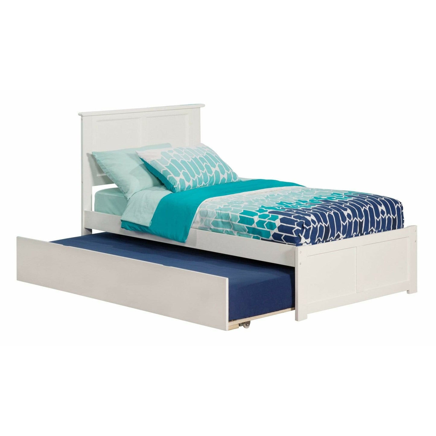 Atlantic Furniture Bed White Madison Twin Platform Bed with Flat Panel Foot Board and Twin Size Urban Trundle Bed in Espresso