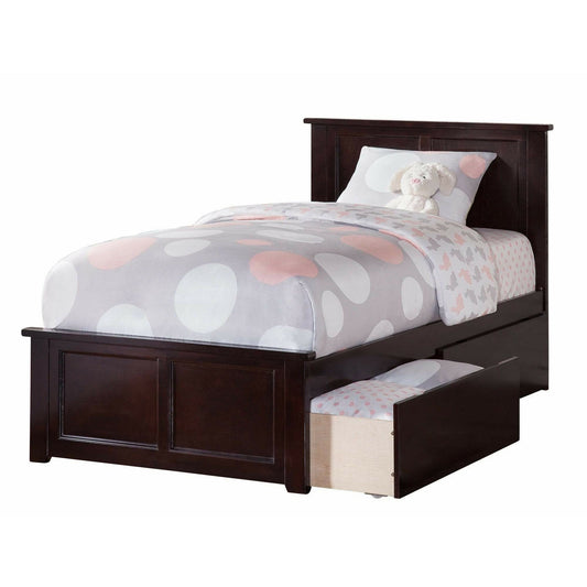 Atlantic Furniture Bed Espresso Madison Twin Platform Bed with Matching Foot Board with 2 Urban Bed Drawers in Espresso