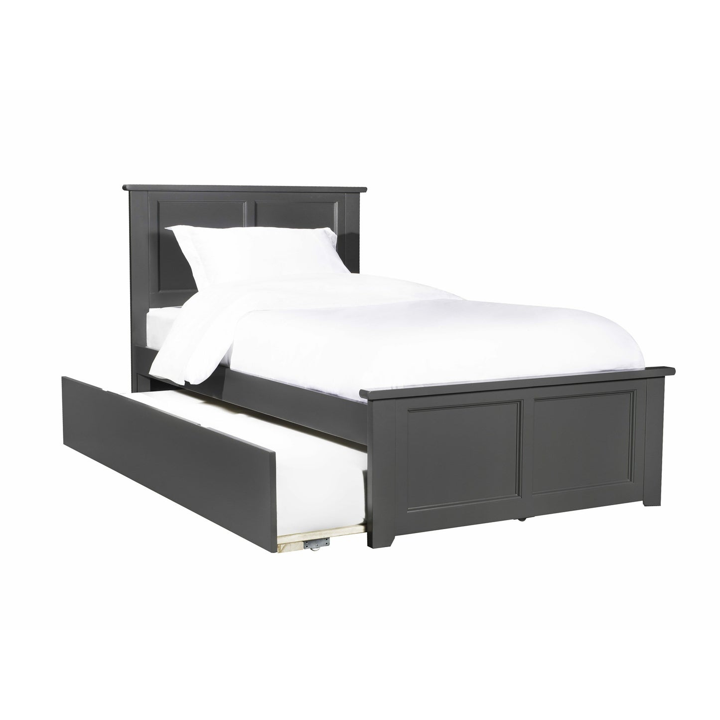 Atlantic Furniture Bed Grey Madison Twin Platform Bed with Matching Foot Board with Twin Size Urban Trundle Bed in Espresso