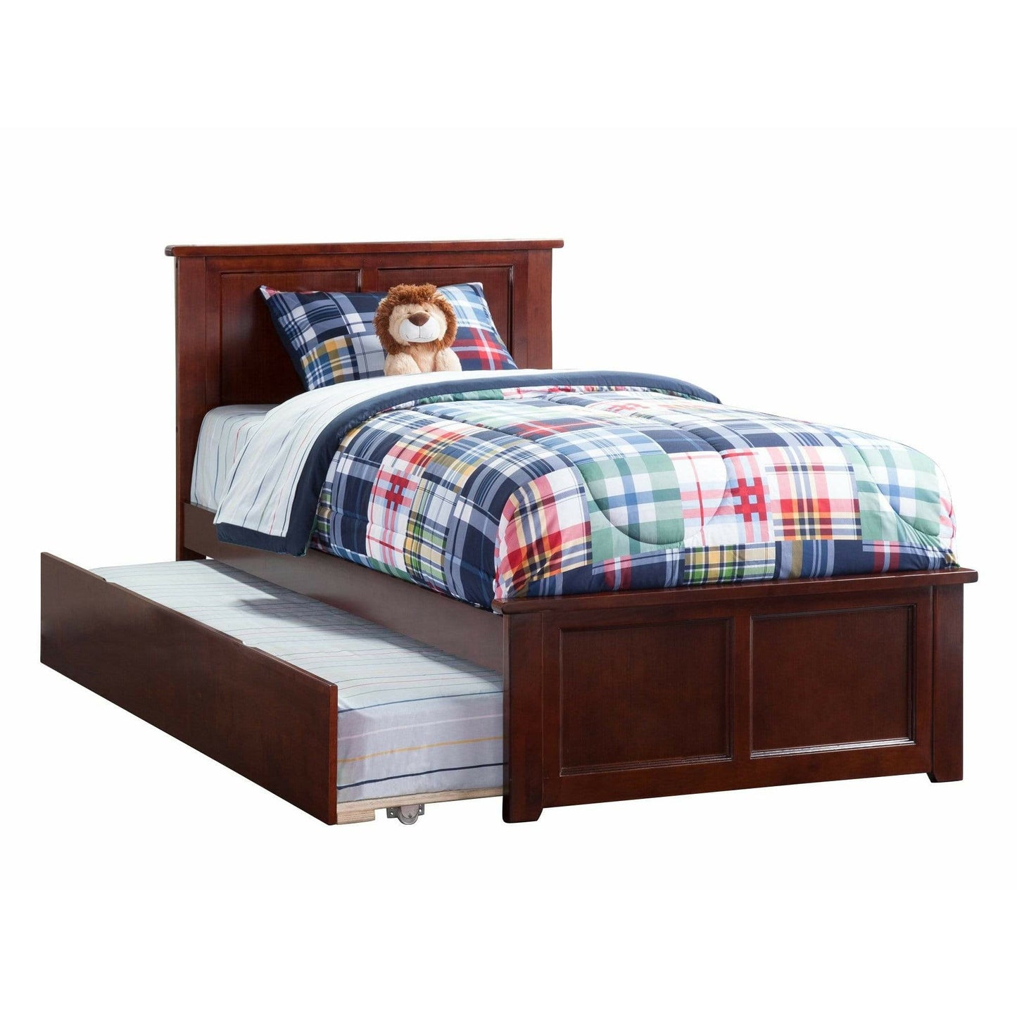 Atlantic Furniture Bed Walnut Madison Twin Platform Bed with Matching Foot Board with Twin Size Urban Trundle Bed in Espresso