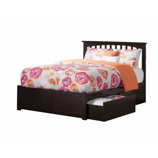 Atlantic Furniture Bed Mission Full Platform Bed with Flat Panel Foot Board and 2 Urban Bed Drawers in Espresso.