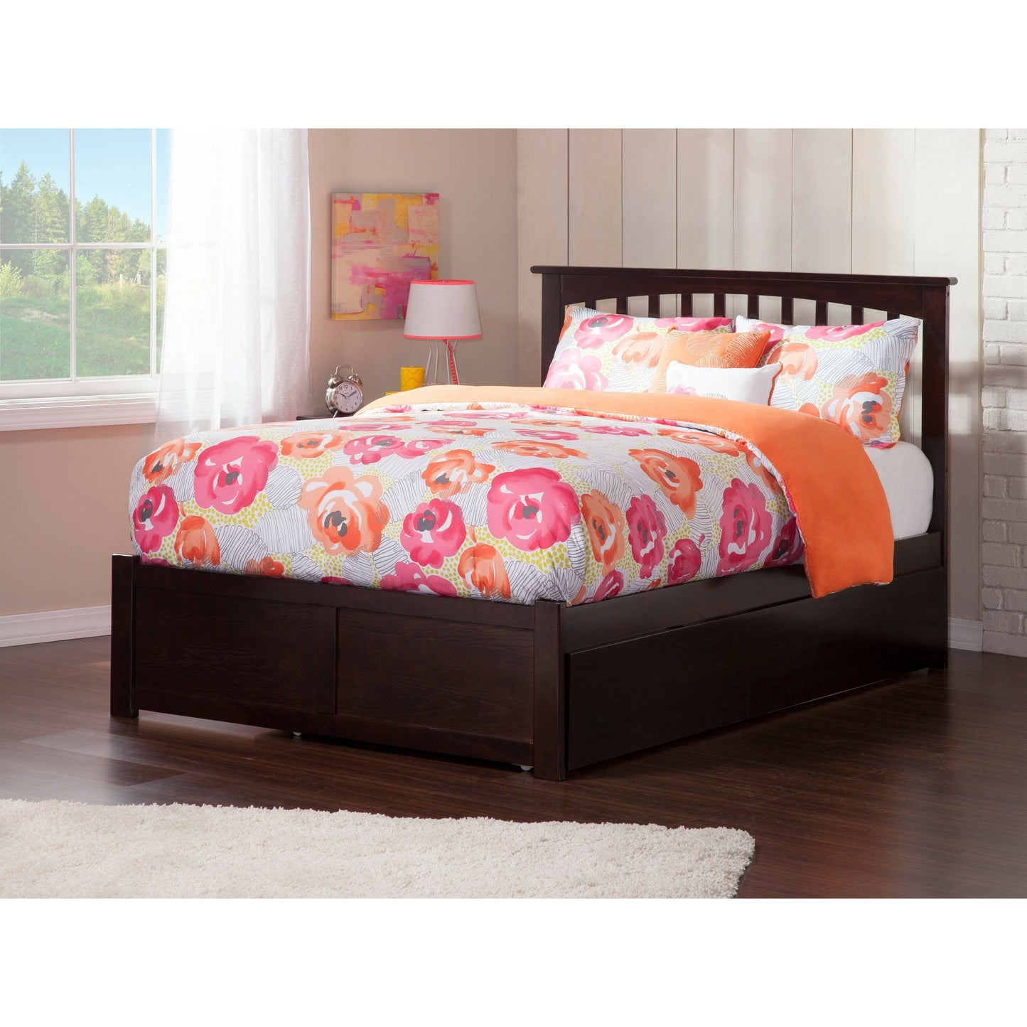 Atlantic Furniture Bed Mission Full Platform Bed with Flat Panel Foot Board and Twin Size Urban Trundle Bed in Espresso