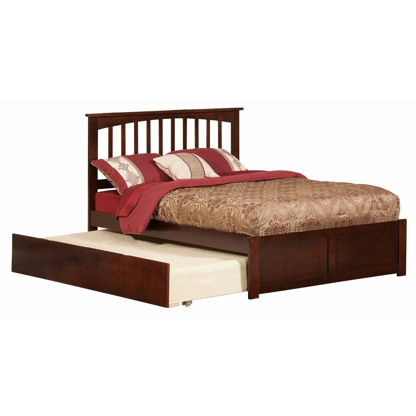 Atlantic Furniture Bed Mission Full Platform Bed with Flat Panel Foot Board and Twin Size Urban Trundle Bed in Espresso
