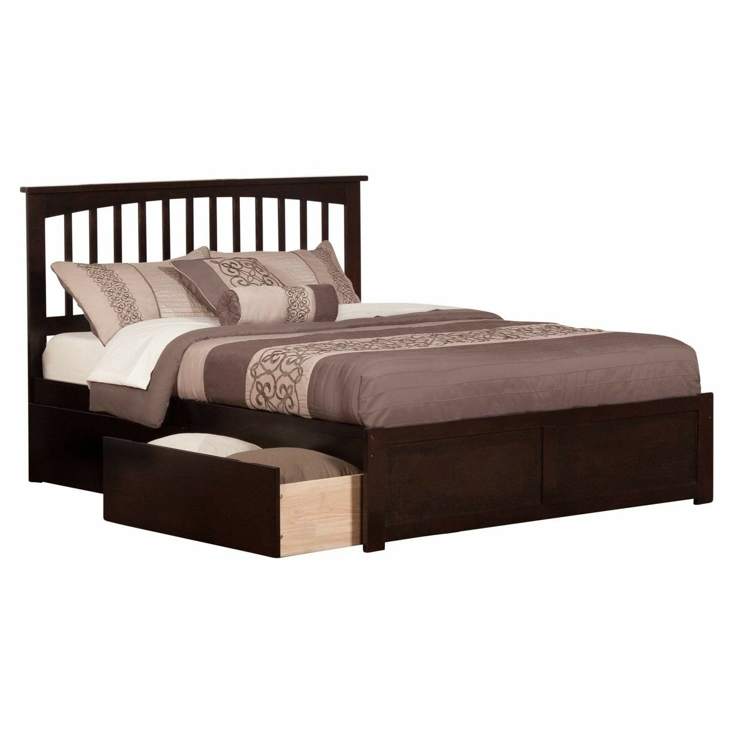 Atlantic Furniture Bed Mission King Platform Bed with Flat Panel Foot Board and 2 Urban Bed Drawers in Espresso