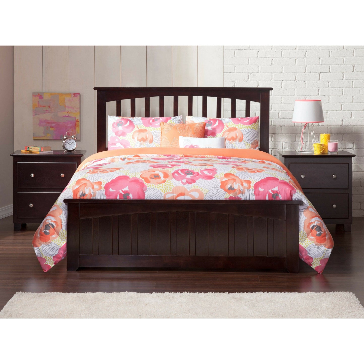 Atlantic Furniture Bed Mission Queen Platform Bed with Flat Panel Foot Board and 2 Urban Bed Drawers in Espresso