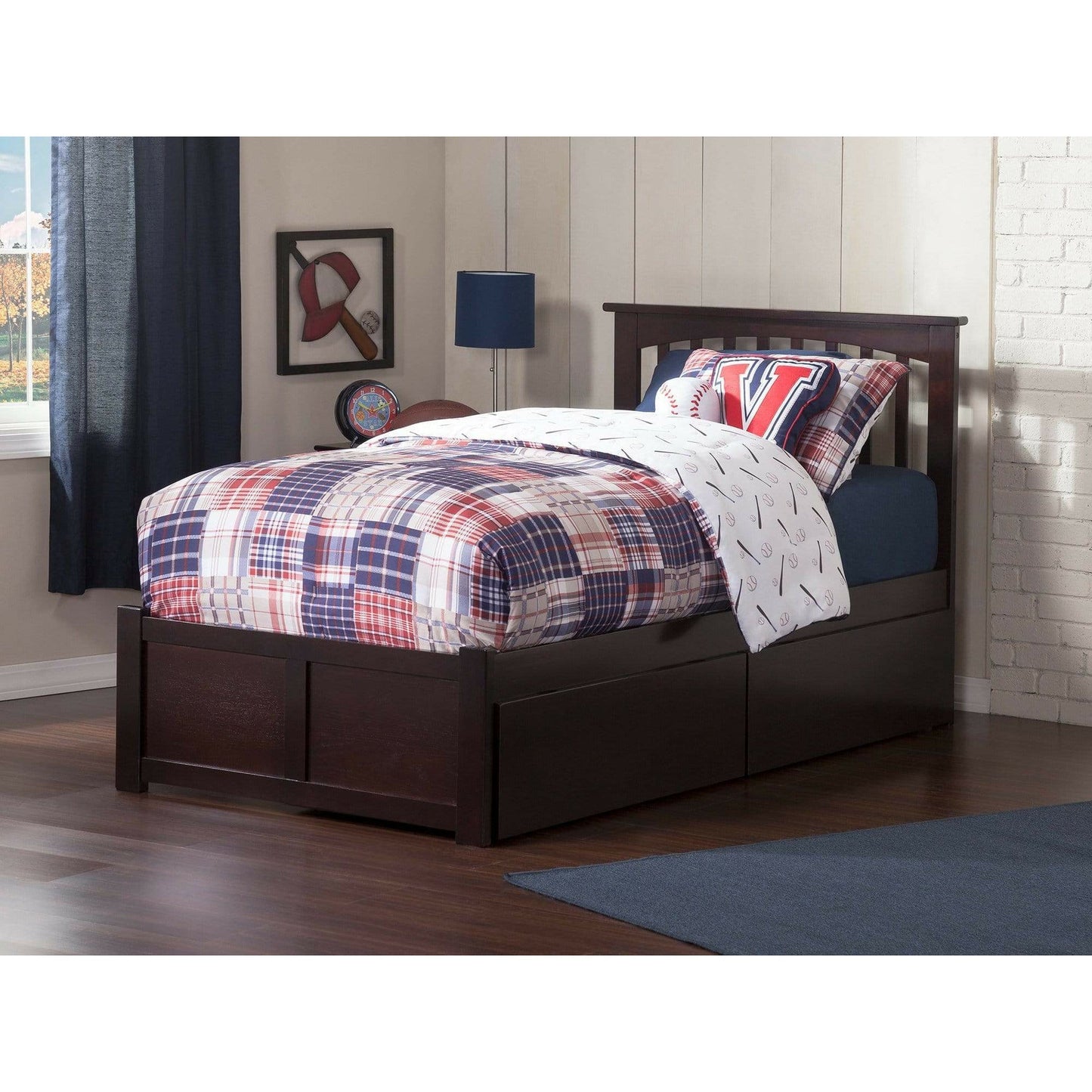 Atlantic Furniture Bed Mission Twin Platform Bed with Flat Panel Foot Board and 2 Urban Bed Drawers in Espresso
