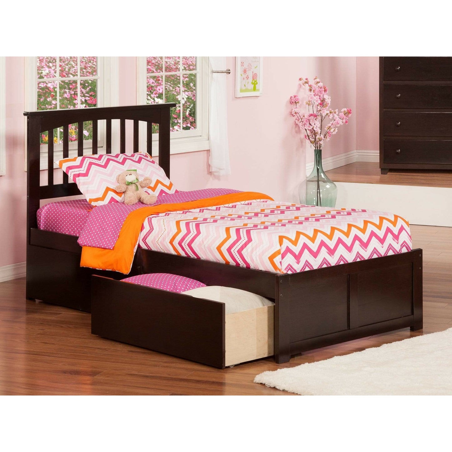 Atlantic Furniture Bed Mission Twin Platform Bed with Flat Panel Foot Board and 2 Urban Bed Drawers in Espresso