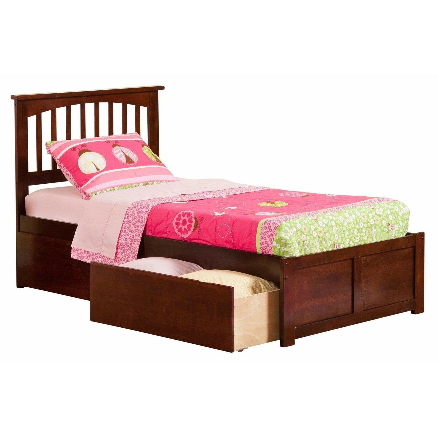 Atlantic Furniture Bed walnut Mission Twin Platform Bed with Flat Panel Foot Board and 2 Urban Bed Drawers in Espresso