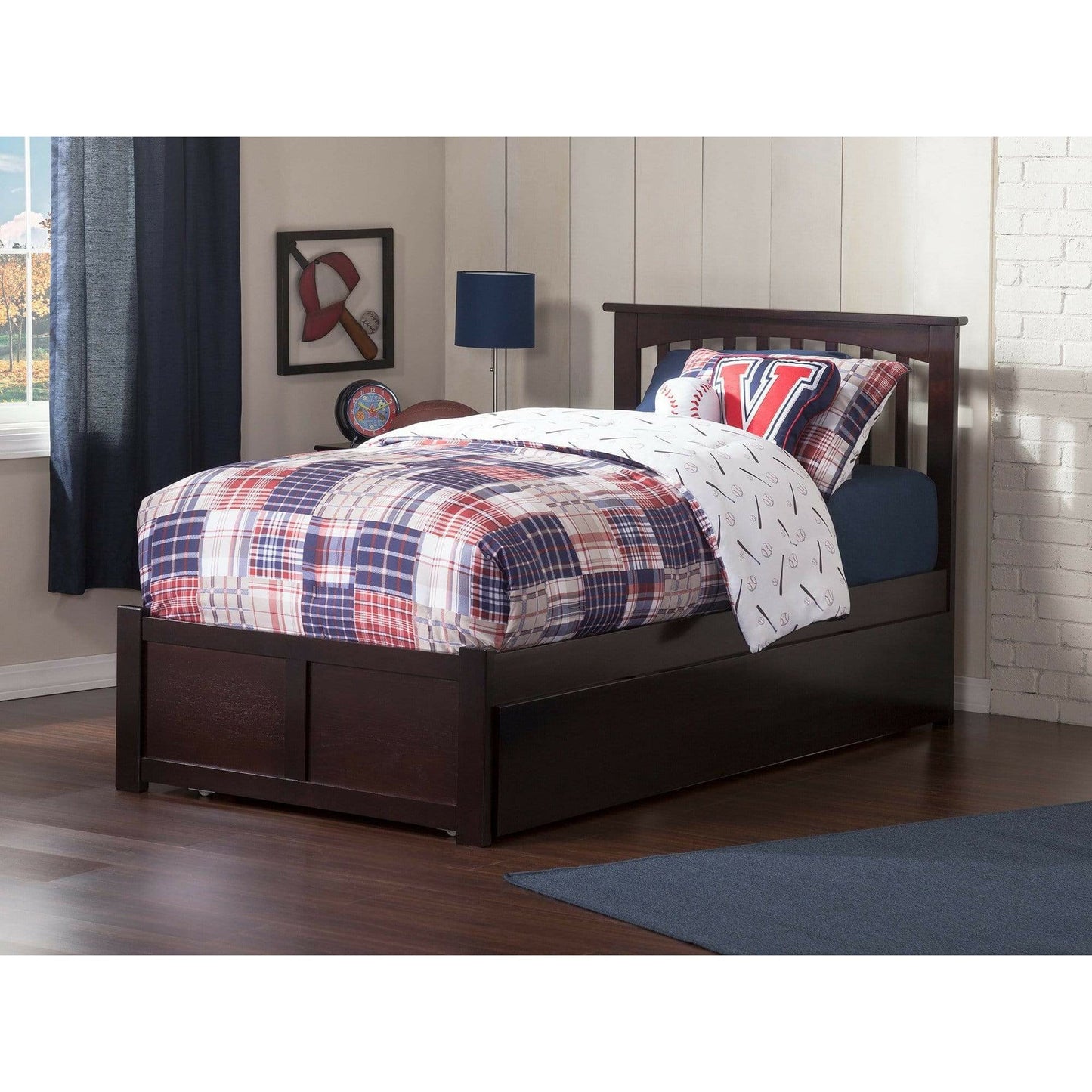 Atlantic Furniture Bed Mission Twin Platform Bed with Flat Panel Foot Board and Twin Size Urban Trundle Bed in Espresso